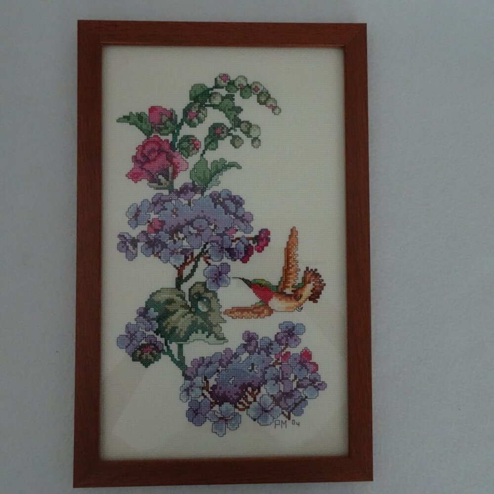 Vintage Framed Bird Embroidery Cross Stitch Hummingbird Floral 9.75"x15.5" - Picture 2 of 5